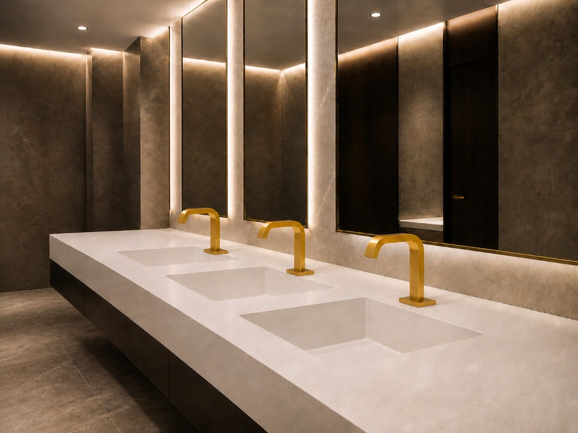 Commercial restroom operator inspecting Fontana automatic faucet sensor performance in a high-traffic facility
